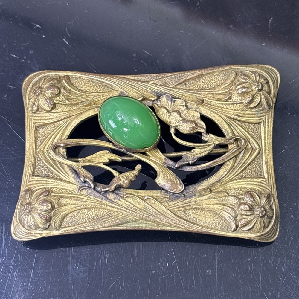 Rare Antique Art Nouveau Brass Green Glass Cabochon Large Sash‎ Brooch
